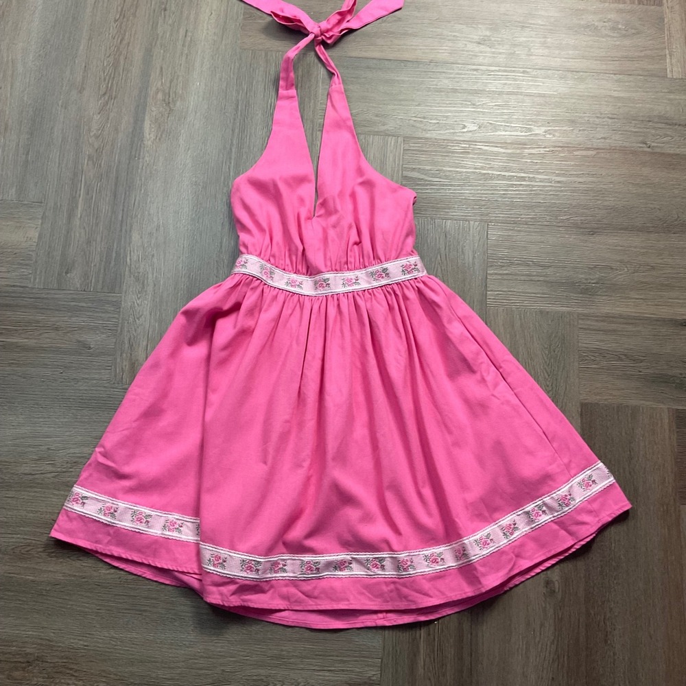 Aura Halter Shabby Chic Floral Rose Embroidered Dress Womens Pink White Small